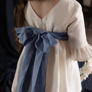 Ivory Linen Flower Girl Dress: V-Back Sash, Elegant Occasion