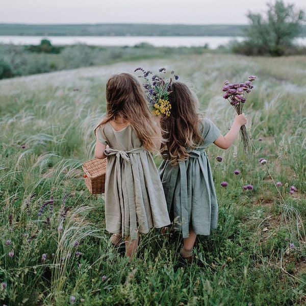 Sage Green Flower Girl Dress, Communion Linen Toddler Dress, Boho  Flower Girl Dress,Gift for Girl