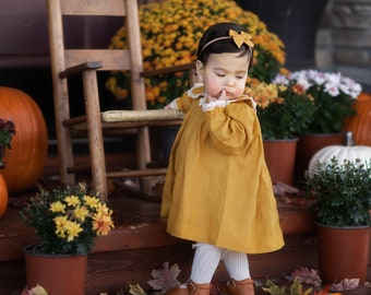 Mustard Baby Dress with Long Sleeve, Christmas Baby Dress, Flower Girl Dress, Linen Clothing Girls