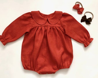 Orange  Baby Girl Romper, Baby Linen Clothes, Baby Girl Linen Romper, 1st Bithday Outfit