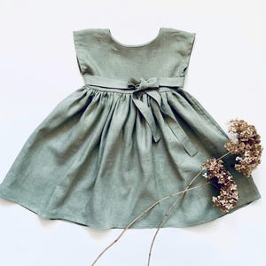 Sage Flower Girl Dress, Communion Dress, White Flower Girl Dress, Boho Linen Toddler Dress, Linen Clothing Girls