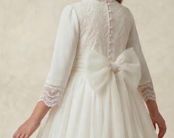 First Communion Dress: Lace Bodice, Chiffon Skirt, Pearl Buttons, Organza Bow