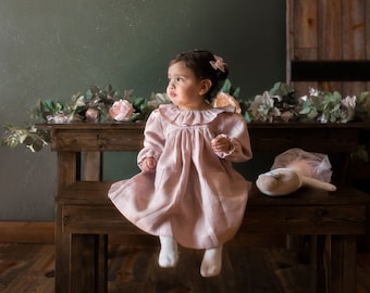 Dusty Rose Birthday Baby Dress, Toddler Linen Dress, Flower Girl Dress, Long Sleeve Girl Dress