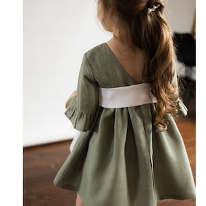 Linen Flower Girl Dress, Sage Occasion Toddler Dress, White Elegant Bridal Flower Girl Dress, Boho Flower Girl Dress