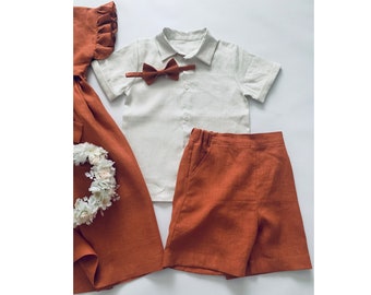 Boys Linen Shirt and Shorts, Boys Linen Set, Ring Bearer Outfit