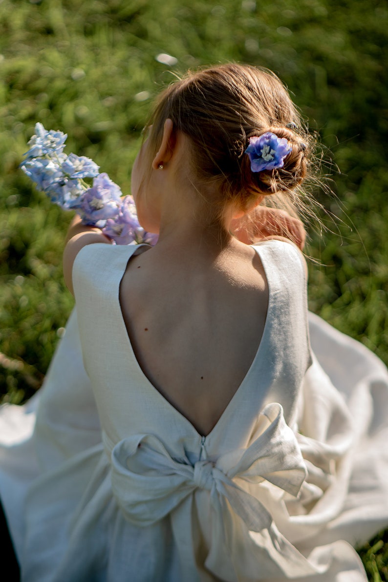 Ivory Flower Girl Dress, Communion Toddler Dress, Boho Flower Girl Dress, Linen Toddler Dress zdjęcie 6