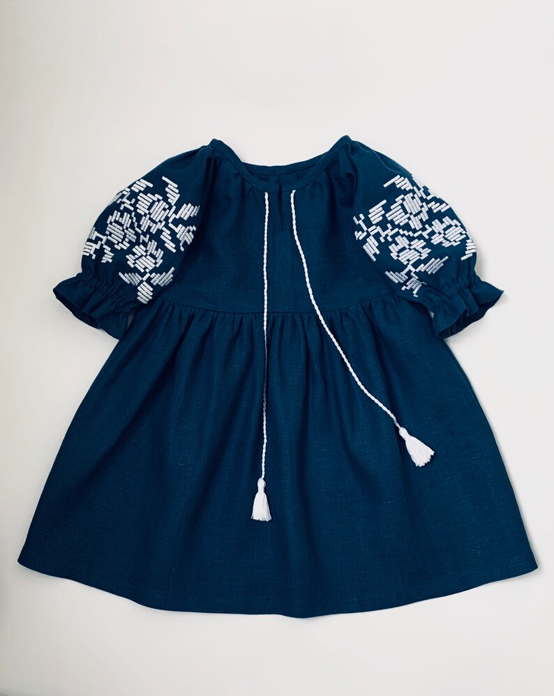 Navy Linen Embroidered Dress for Girls Blue Flower Dress 1st Etsy