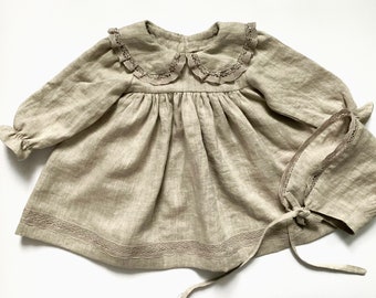 Linen Baby Dress with Long Sleeve, Flower Girl Dress, Toddler Linen Dress with Collar, Linen Clothing Girls