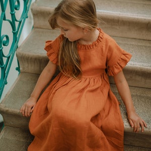 Burnt Orange Flower Girl Dress, Communion Dress, Boho Flower Girl Dress, Linen Toddler Dress, Linen Clothing Girls