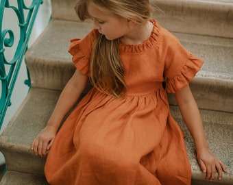 Burnt Orange Flower Girl Dress, Communion Dress, Boho Flower Girl Dress, Linen Toddler Dress, Linen Clothing Girls