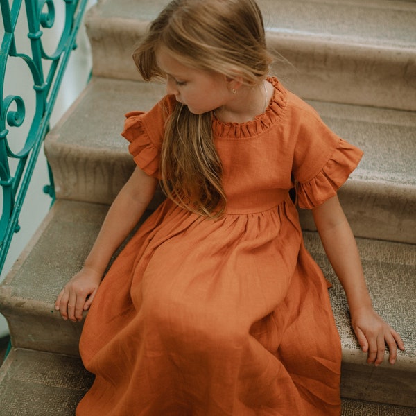 Burnt Orange Flower Girl Dress, Communion Dress, Boho Flower Girl Dress, Linen Toddler Dress, Linen Clothing Girls