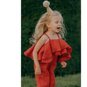 Orange Linen Toddler Jumpsuit: Boho Flower Girl Outfit