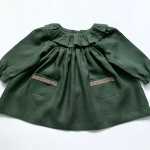 Dark Green Birthday Baby Dress, Toddler Linen Dress, Flower Girl Dress, Long Sleeve Girl Dress