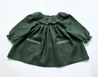 Dark Green Birthday Baby Dress, Toddler Linen Dress, Flower Girl Dress, Long Sleeve Girl Dress