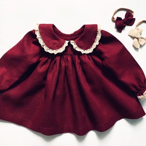 Burgundy Linen Baby Dress: Christmas Lace Collar Girl Dress