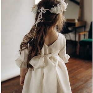 Ivory Flower Girl Dress V-Back, Communion Toddler Dress, White Elegant Bridal Flower Girl Dress, Sage Boho Flower Girl Dress