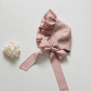 Dusty Rose Vintage Baby Bonnet , Linen Baby Bonnet, Organic Bonnet with Ruffle