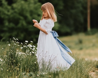 White Boho Flower Girl Dress, First Communion Linen Dress, Maxi Linen Girl Dress with Sleeve