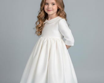 Suknia dla dziewczynki sypiącej kwiaty z satyny w kolorze kości słoniowej: biała sukienka okazjonalna z rękawami