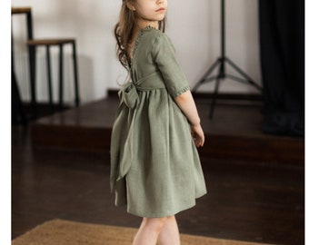 Sage Green Flower Girl Dress, Linen Flower Girl Dress, Boho Flower Girl Dress, Communion Linen Dress