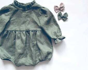 Vintage Linen Baby Romper: Girl's Birthday Outfit