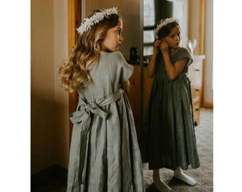 Sage Flower Girl Dress, Communion Dress, Boho Flower Girl Dress, Linen Toddler Dress, Linen Clothing Girls