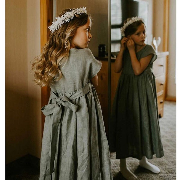 Sage Flower Girl Dress, Communion Dress, Boho Flower Girl Dress, Linen Toddler Dress, Linen Clothing Girls