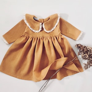 Mustard Dress, Christmas Baby Dress, Peter Pan Collar Dress, Toddler Dress