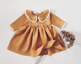 Mustard Dress, Christmas Baby Dress, Peter Pan Collar Dress, Toddler Dress