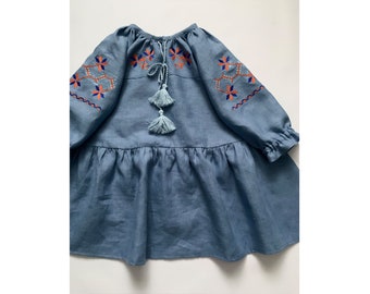 Dusty Blue Boho Girl Dress, Flower Girl Dresswhith Embroidered