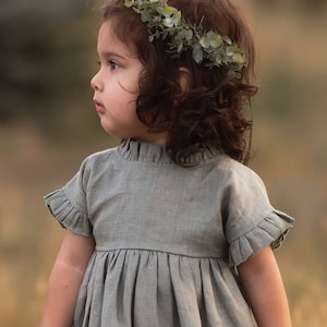 Sage Flower Girl Dress, Communion Dress, Rustic Flower Girl Dress, Linen Toddler Dress, Linen Clothing Girls