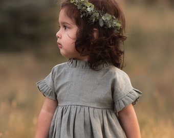 Abito da ragazza di fiori salvia, abito da comunione, abito da ragazza di fiori rustico, abito da bambino in lino, abbigliamento da ragazza in lino