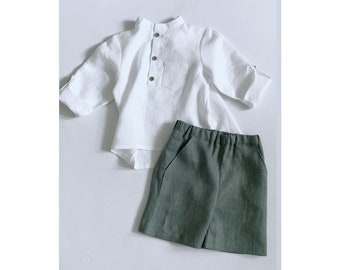 Ring Bearer Outfit, Boys Linen Set, Boys Linen Shirt and Shorts