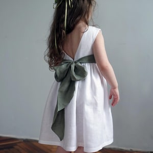 Linen Flower Girl Dress: White Occasion Dress with Sash