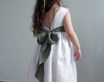 Linen Flower Girl Dress: White Occasion Dress with Sash