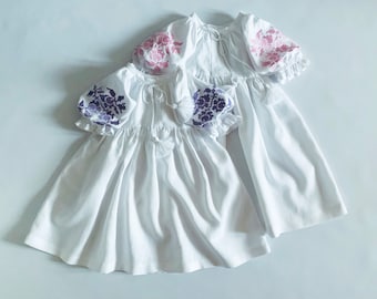 Abito da ragazza di fiori bianco, abito da ragazza di fiori Boho, abito da bambino in lino con manica