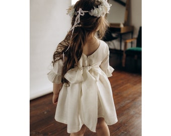 Linen Flower Girl Dress V-Back, Communion Toddler Dress, White Elegant Bridal Flower Girl Dress, Sage Boho Flower Girl Dress