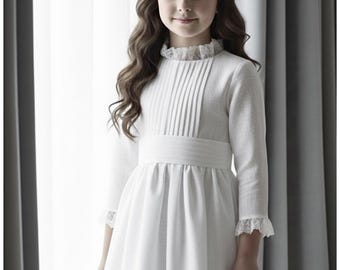 Vestido de Primera Comunión: vestido blanco para niña de las flores, encaje, mangas y lazo