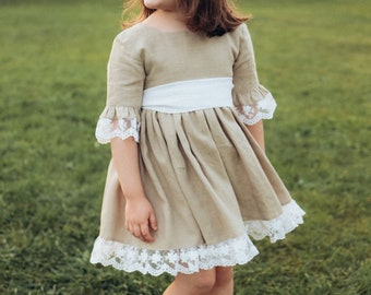 Linen Flower Girl Dress, Sand Flower Girl Dress, Boho Flower Girl Dress, Communion Linen Dress