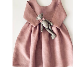 Dusty Pink Linen Dress, Toddler Dress, Long Sleeve Girl Dress, Birthday Girl Dress, Linen Clothing Girls