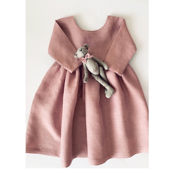 Robe en lin rose poussiéreux, robe pour tout-petit, robe de fille à manches longues, robe de fille d’anniversaire, vêtements en lin filles