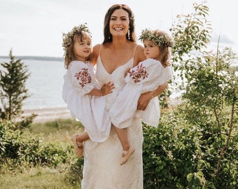 Vestido de niña de flores blanco, vestido de niña de flores boho, vestido de niño de lino con manga