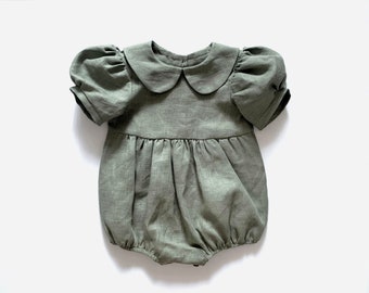 Sage Green Peter Pan Collar Baby Romper, Baby Birthday Outfit, Gifts for BabyGirl