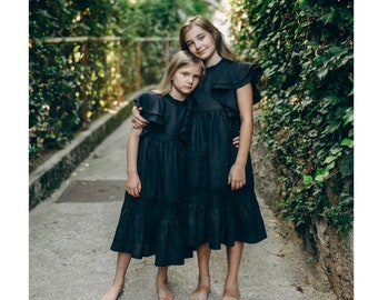 Black Boho Flower Girl Dress with Lace , Junior Bridesmaid, Occasion Toddler Dress "Jasmine"