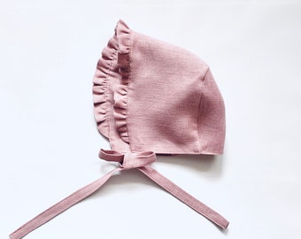 Linen Bonnet for Girls Ruffle Linen Bonnet Pink Linen Bonnet  Ruffle Bonnet Baby Girl Bonnet Linen Clothes for Girls Girls Clothing