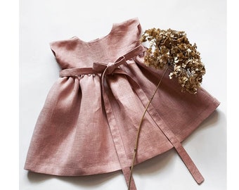 Linen Girl Dress, Flower Girl Dress, Dusty Rose Dress, 1st Birthday Baby Dress, Toddler Dress, Linen Baby Dress