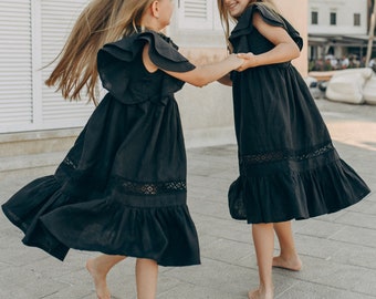 Black Boho Flower Girl Dress with Lace , Junior Bridesmaid, Occasion Toddler Dress "Jasmine"