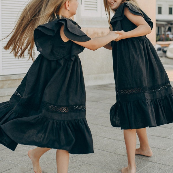 Black Boho Flower Girl Dress with Lace , Junior Bridesmaid, Occasion Toddler Dress "Jasmine"