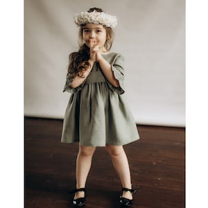 Sage Linen Flower Girl Dress: V-Back Boho Occasion Dress