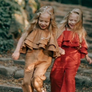 Orange Flower Girl Jumpsuit, Boho Linen Toddler Jumpsuit, Boho Flower Girl Dress